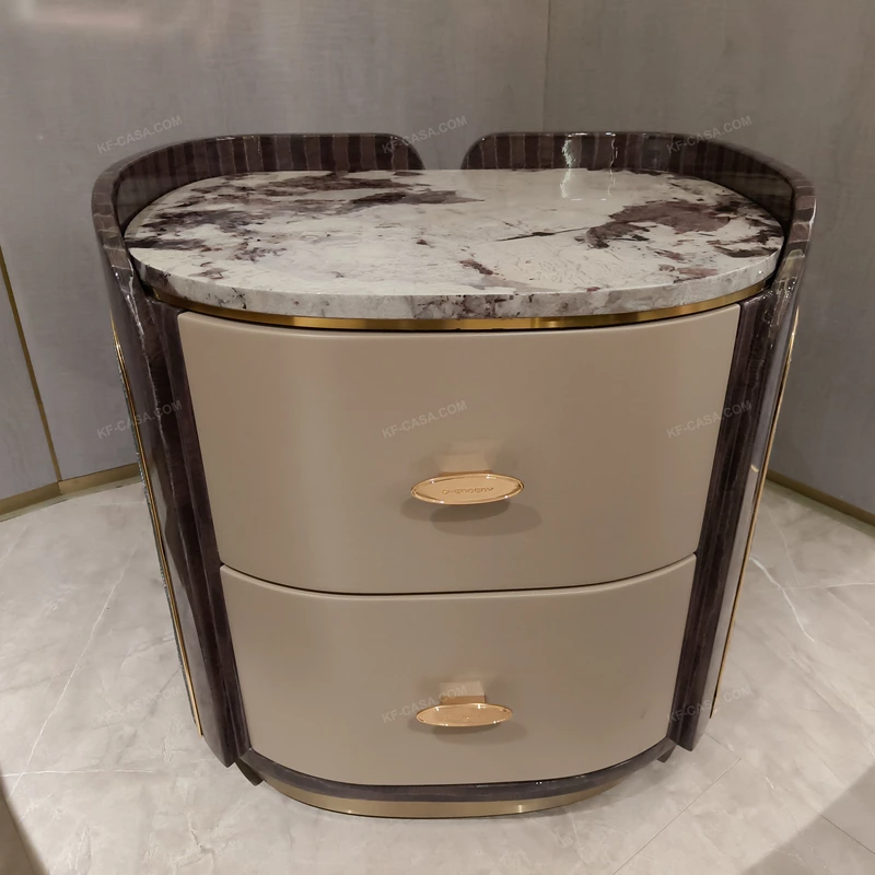 Oval Marble-Top SideTable with Fan-Stitched Leather Panels and Two Drawers